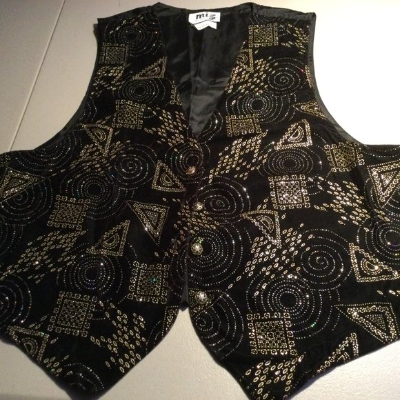 Miz California Ladies L Black Foil vest Button Down Geometric Patterns - Picture 2 of 9